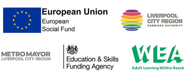 European Union European Social Fund, Liverpool City Region, Metro Mayor, Education & Skills Funding Agency, WEA
